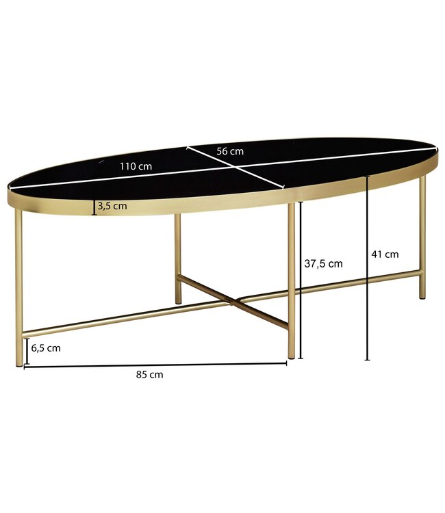Wohnling design salontafel glas zwart - ovaal 110 x 56 cm met goud metaal  | Grote woonkamer tafel Lounge tafel glazen tafel