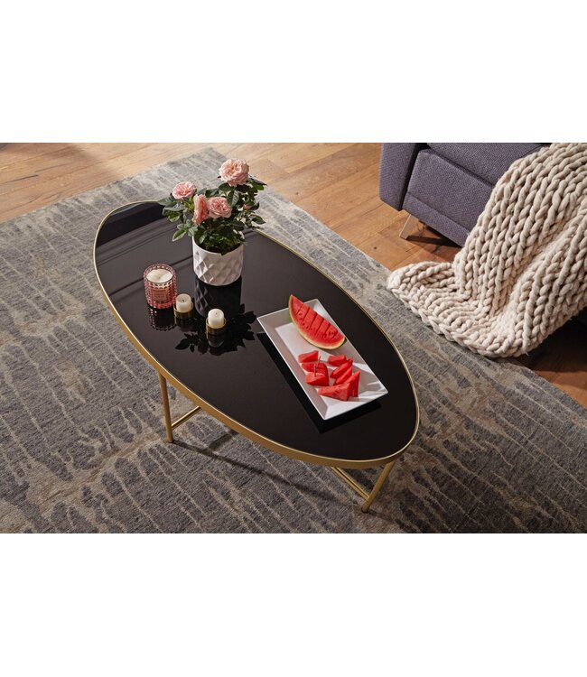 Wohnling design salontafel glas zwart - ovaal 110 x 56 cm met goud metaal  | Grote woonkamer tafel Lounge tafel glazen tafel