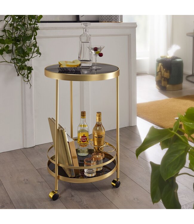 Wohnling design trolley goud rond Ø 45cm 2 niveaus | Bijzettafel op wielen met glazen blad Zwarte restauratierijtuig | Keukenwagen | theewagen