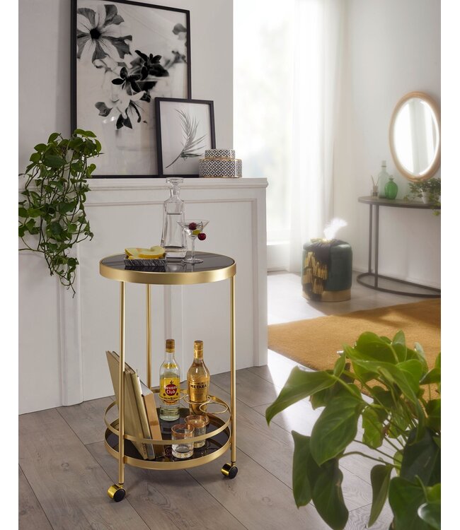 Wohnling design trolley goud rond Ø 45cm 2 niveaus | Bijzettafel op wielen met glazen blad Zwarte restauratierijtuig | Keukenwagen | theewagen
