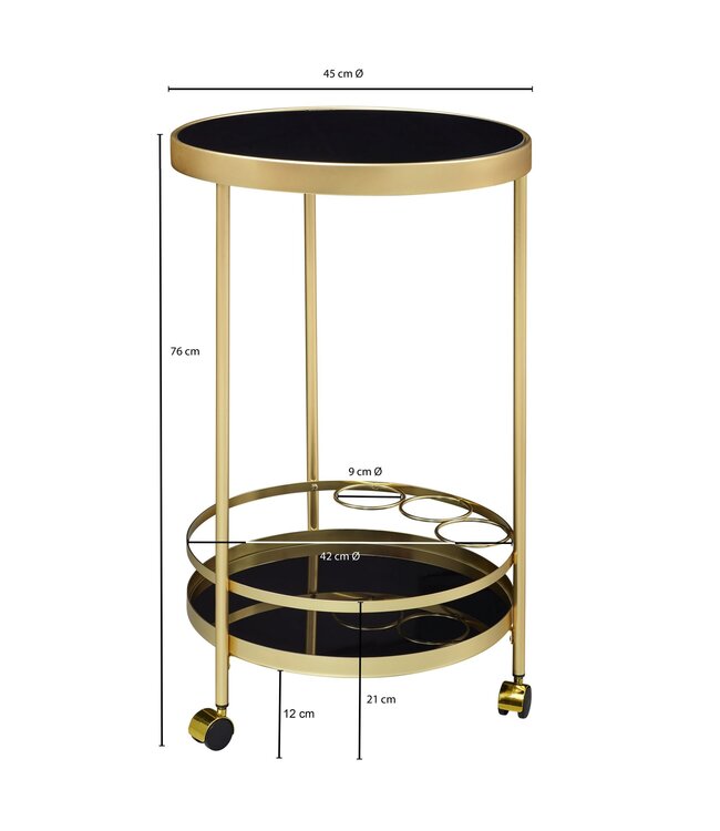 Wohnling design trolley goud rond Ø 45cm 2 niveaus | Bijzettafel op wielen met glazen blad Zwarte restauratierijtuig | Keukenwagen | theewagen