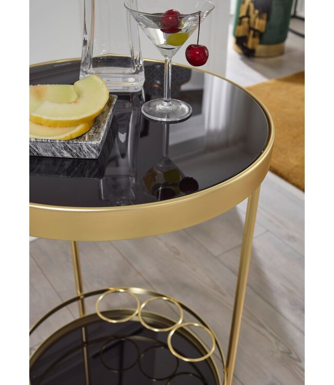 Wohnling design trolley goud rond Ø 45cm 2 niveaus | Bijzettafel op wielen met glazen blad Zwarte restauratierijtuig | Keukenwagen | theewagen