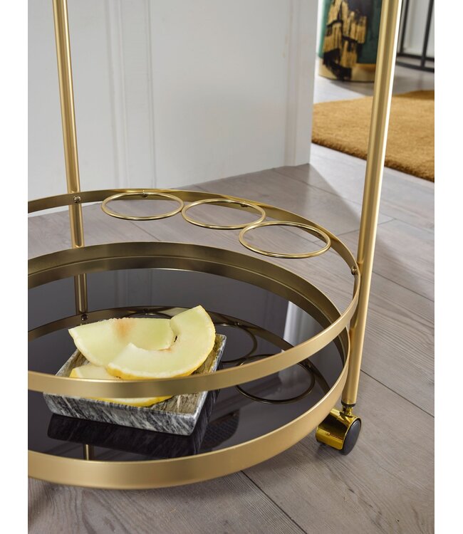Wohnling design trolley goud rond Ø 45cm 2 niveaus | Bijzettafel op wielen met glazen blad Zwarte restauratierijtuig | Keukenwagen | theewagen