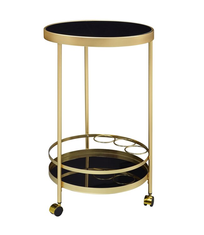 Wohnling design trolley goud rond Ø 45cm 2 niveaus | Bijzettafel op wielen met glazen blad Zwarte restauratierijtuig | Keukenwagen | theewagen