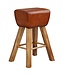 Wohnling barkruk Turnbock 43x75x43 cm mango massief hout / echt leer | Design barkruk bruin | Lederen stoel zonder rugleuning