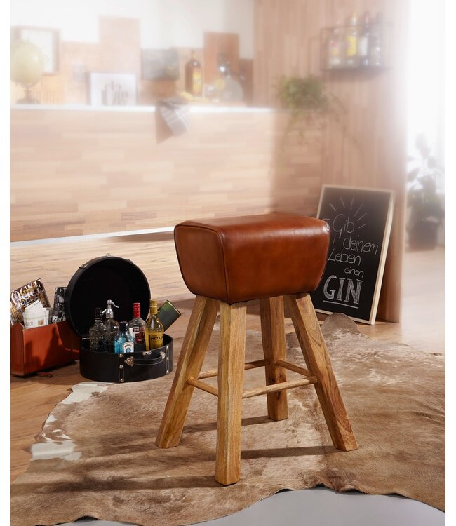 Wohnling barkruk Turnbock 43x75x43 cm mango massief hout / echt leer | Design barkruk bruin | Lederen stoel zonder rugleuning