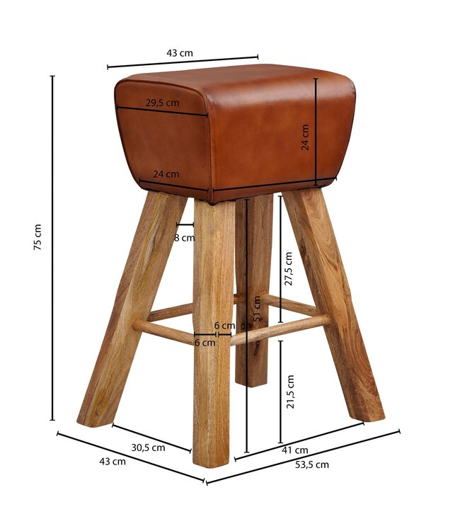 Wohnling barkruk Turnbock 43x75x43 cm mango massief hout / echt leer | Design barkruk bruin | Lederen stoel zonder rugleuning