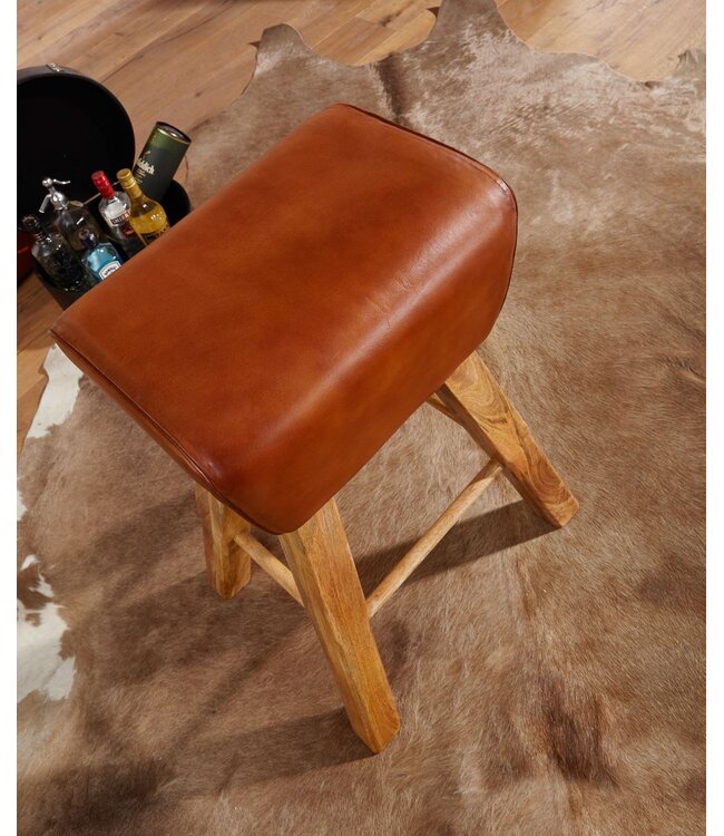 Wohnling barkruk Turnbock 43x75x43 cm mango massief hout / echt leer | Design barkruk bruin | Lederen stoel zonder rugleuning