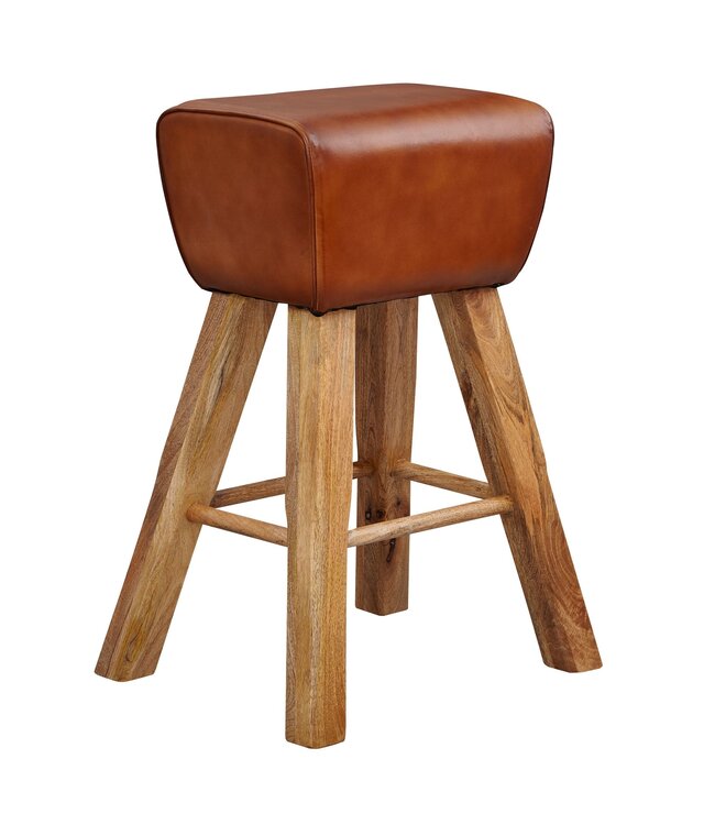 Wohnling barkruk Turnbock 43x75x43 cm mango massief hout / echt leer | Design barkruk bruin | Lederen stoel zonder rugleuning