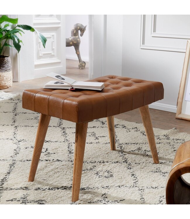 Wohnling kruk 67x47x39 cm mango massief hout / echt leer Chesterfield design | Leren kruk bruin | Bijzetkruk zonder rugleuning Country voetenbank