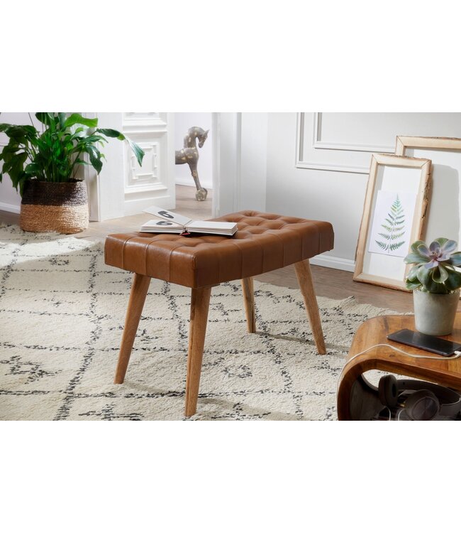 Wohnling kruk 67x47x39 cm mango massief hout / echt leer Chesterfield design | Leren kruk bruin | Bijzetkruk zonder rugleuning Country voetenbank
