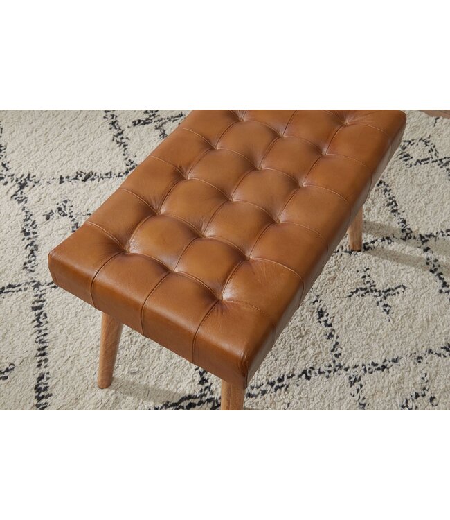 Wohnling kruk 67x47x39 cm mango massief hout / echt leer Chesterfield design | Leren kruk bruin | Bijzetkruk zonder rugleuning Country voetenbank