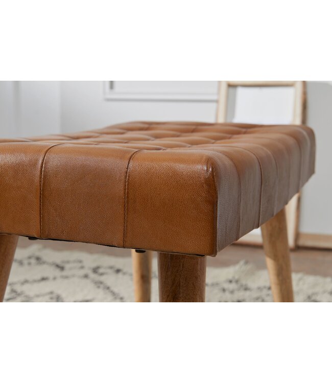 Wohnling kruk 67x47x39 cm mango massief hout / echt leer Chesterfield design | Leren kruk bruin | Bijzetkruk zonder rugleuning Country voetenbank