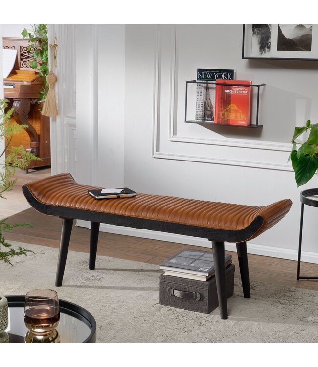 Wohnling bank echt leer / massief houten bank bruin 125x51x38 cm modern | Design gestoffeerde bankgang Lederen bankbank 2 personen | Halbank modern