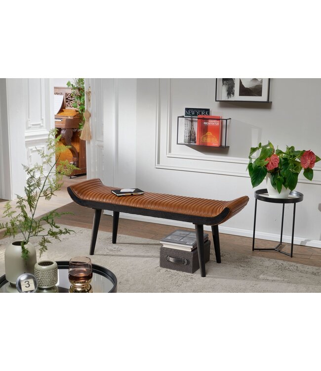 Wohnling bank echt leer / massief houten bank bruin 125x51x38 cm modern | Design gestoffeerde bankgang Lederen bankbank 2 personen | Halbank modern