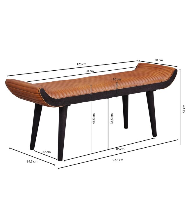 Wohnling bank echt leer / massief houten bank bruin 125x51x38 cm modern | Design gestoffeerde bankgang Lederen bankbank 2 personen | Halbank modern