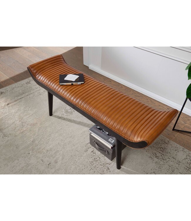 Wohnling bank echt leer / massief houten bank bruin 125x51x38 cm modern | Design gestoffeerde bankgang Lederen bankbank 2 personen | Halbank modern