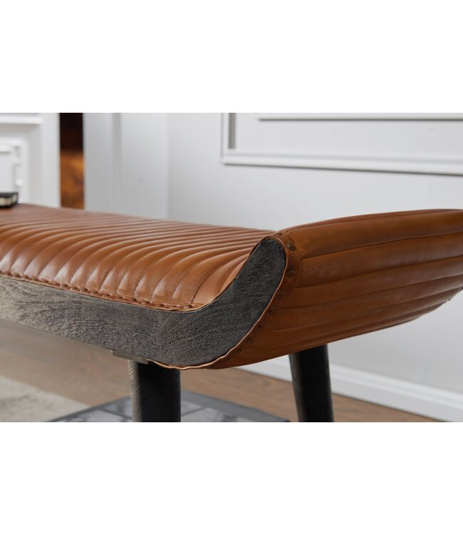 Wohnling bank echt leer / massief houten bank bruin 125x51x38 cm modern | Design gestoffeerde bankgang Lederen bankbank 2 personen | Halbank modern