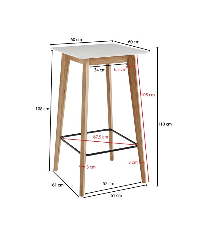 Wohnling tafel 60x110x60 cm wit vierkant | Bartafel voor 4 personen | Moderne tafel voor bar | Design partytafel hout | Scandinavisch eiken hoge tafel