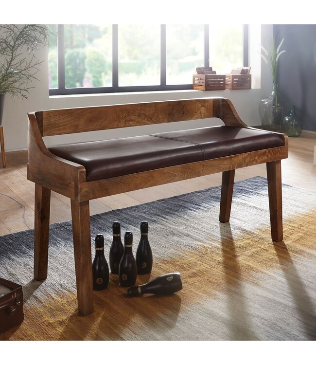 Wohnling bank echt leer / massief houten bank 108x63x43 cm | Gestoffeerde bank met rugleuning bank gang slaapkamer bruin | Kleine lederen bedbank