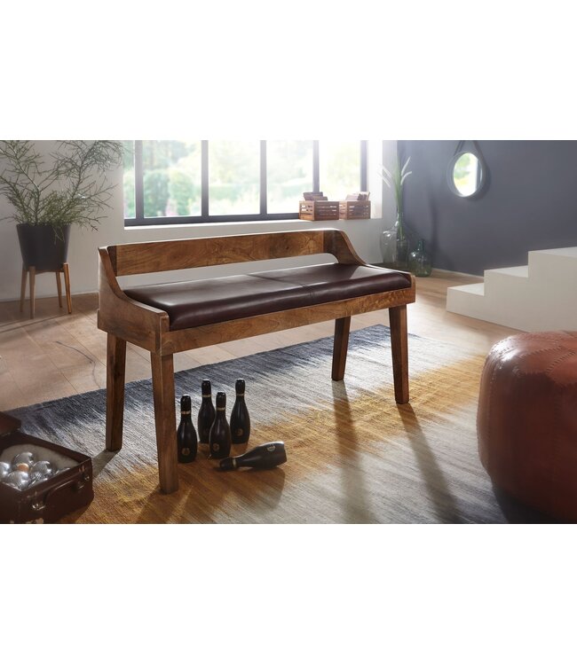 Wohnling bank echt leer / massief houten bank 108x63x43 cm | Gestoffeerde bank met rugleuning bank gang slaapkamer bruin | Kleine lederen bedbank