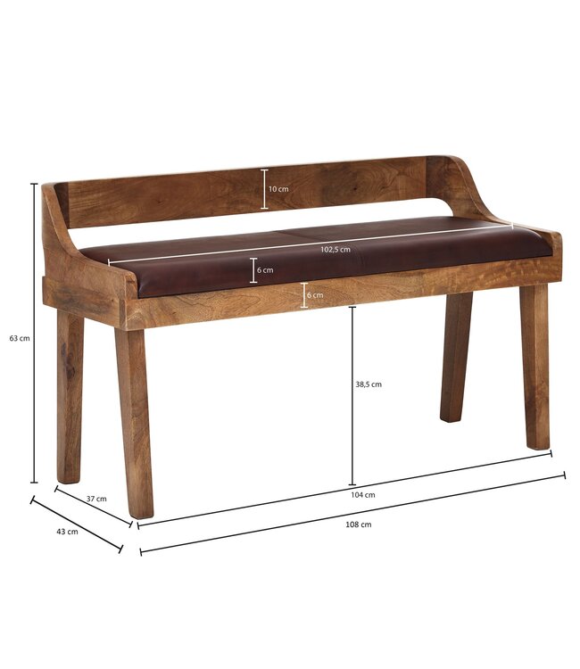 Wohnling bank echt leer / massief houten bank 108x63x43 cm | Gestoffeerde bank met rugleuning bank gang slaapkamer bruin | Kleine lederen bedbank