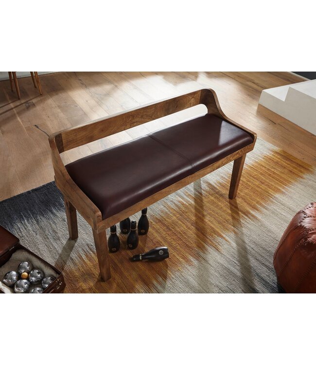 Wohnling bank echt leer / massief houten bank 108x63x43 cm | Gestoffeerde bank met rugleuning bank gang slaapkamer bruin | Kleine lederen bedbank