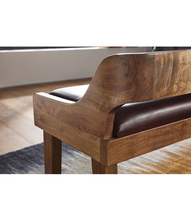 Wohnling bank echt leer / massief houten bank 108x63x43 cm | Gestoffeerde bank met rugleuning bank gang slaapkamer bruin | Kleine lederen bedbank