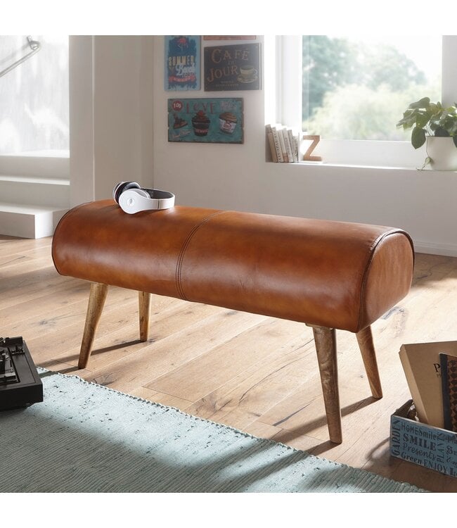 Wohnling bank echt leer / massief houten bank 100x53x40 cm | 2-zits gestoffeerde bankhal springbok bruin | Kleine lederen bedbank Halmeubels halbank