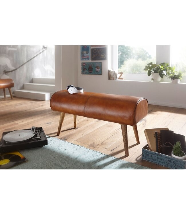 Wohnling bank echt leer / massief houten bank 100x53x40 cm | 2-zits gestoffeerde bankhal springbok bruin | Kleine lederen bedbank Halmeubels halbank
