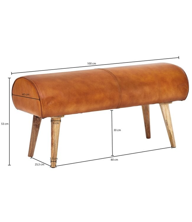 Wohnling bank echt leer / massief houten bank 100x53x40 cm | 2-zits gestoffeerde bankhal springbok bruin | Kleine lederen bedbank Halmeubels halbank