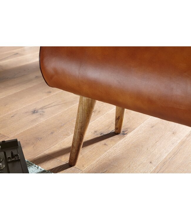 Wohnling bank echt leer / massief houten bank 100x53x40 cm | 2-zits gestoffeerde bankhal springbok bruin | Kleine lederen bedbank Halmeubels halbank