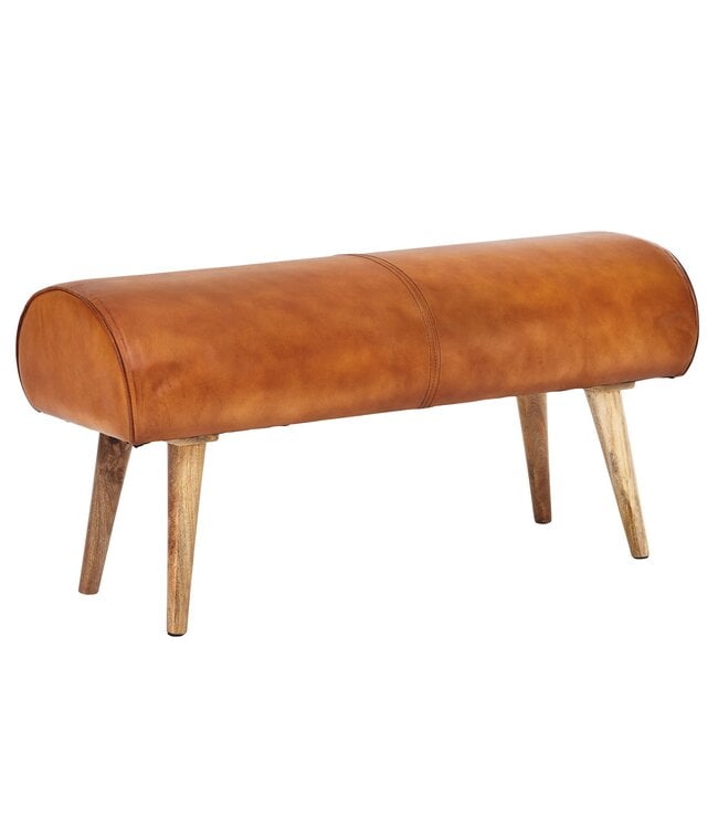 Wohnling bank echt leer / massief houten bank 100x53x40 cm | 2-zits gestoffeerde bankhal springbok bruin | Kleine lederen bedbank Halmeubels halbank
