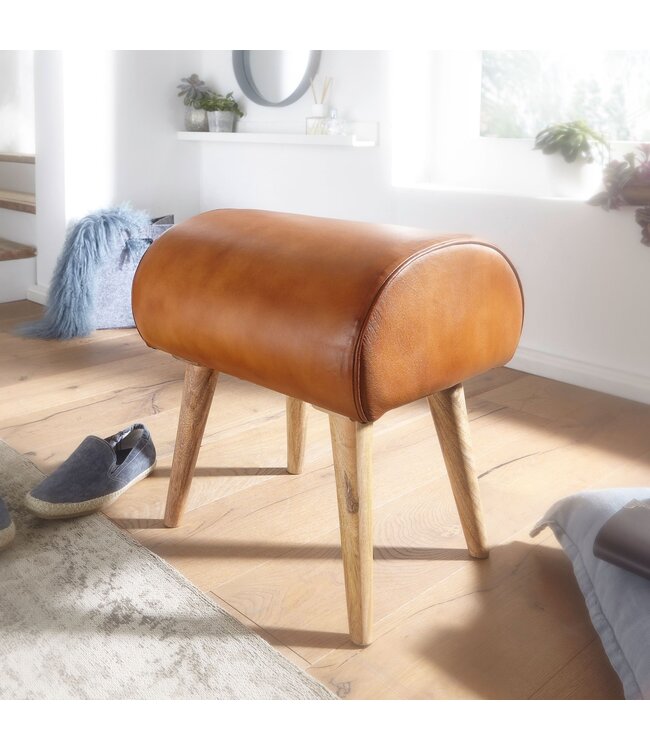 Wohnling kruk echt leer / massief hout 45 x 53 x 40 cm moderne lederen kruk | Kleine gestoffeerde houten kruk Turnbock kruk met lederen bekleding