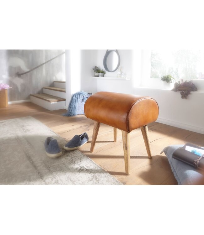 Wohnling kruk echt leer / massief hout 45 x 53 x 40 cm moderne lederen kruk | Kleine gestoffeerde houten kruk Turnbock kruk met lederen bekleding