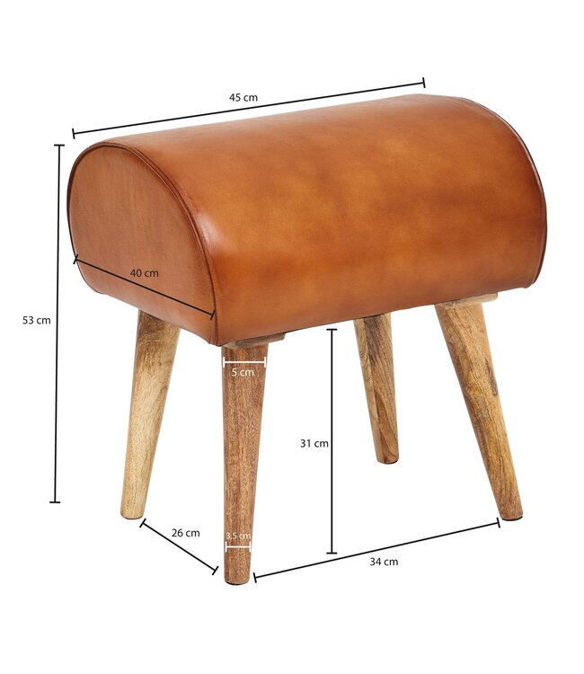 Wohnling kruk echt leer / massief hout 45 x 53 x 40 cm moderne lederen kruk | Kleine gestoffeerde houten kruk Turnbock kruk met lederen bekleding