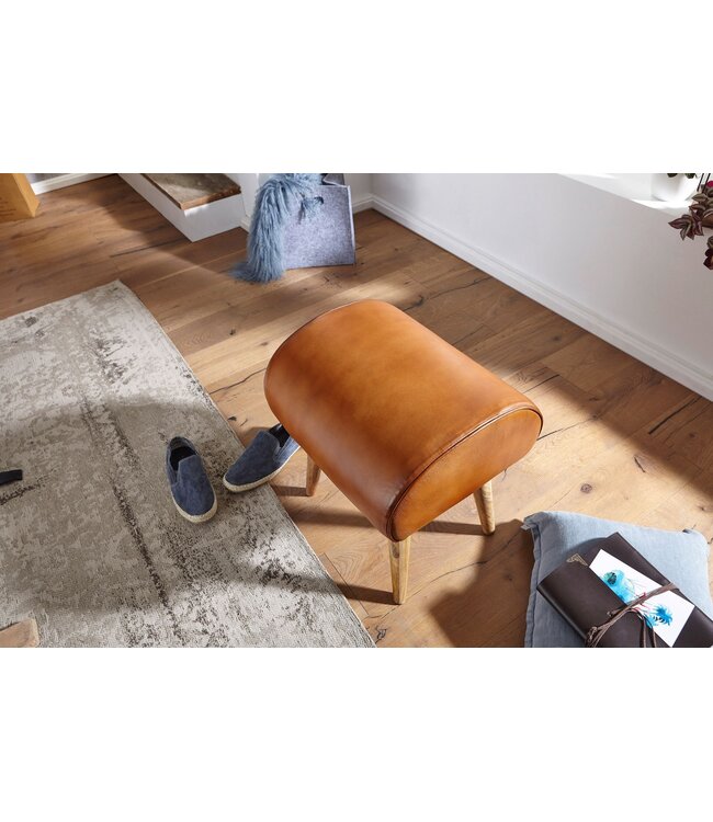 Wohnling kruk echt leer / massief hout 45 x 53 x 40 cm moderne lederen kruk | Kleine gestoffeerde houten kruk Turnbock kruk met lederen bekleding