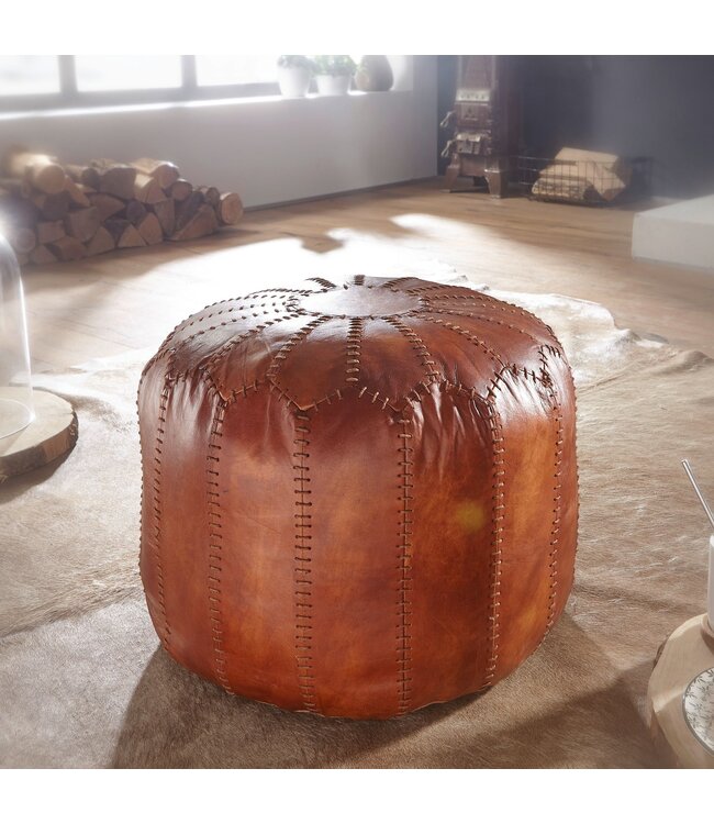 Wohnling kruk echt leer bruin 52 x 40 x 52 cm poef woonkamer | Design poef kruk oosterse | Gestoffeerde kruk Orient beensteun bank