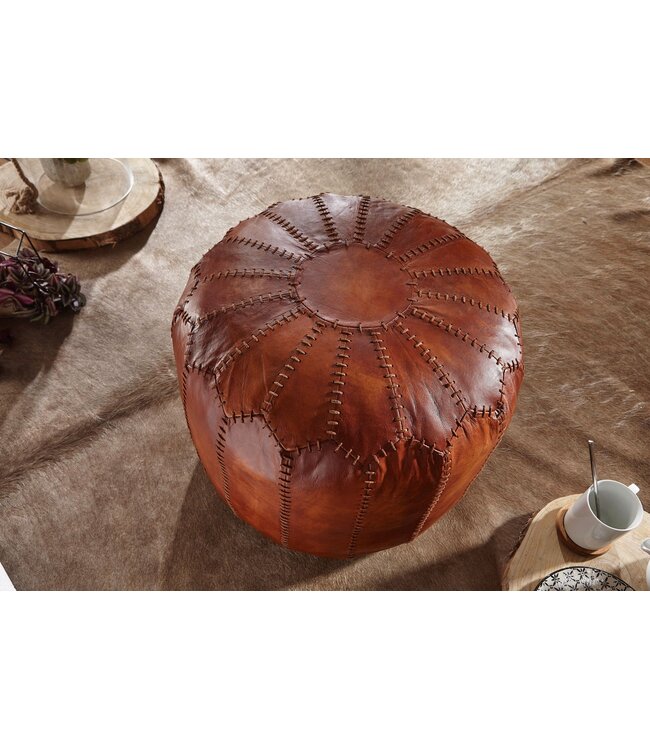 Wohnling kruk echt leer bruin 52 x 40 x 52 cm poef woonkamer | Design poef kruk oosterse | Gestoffeerde kruk Orient beensteun bank