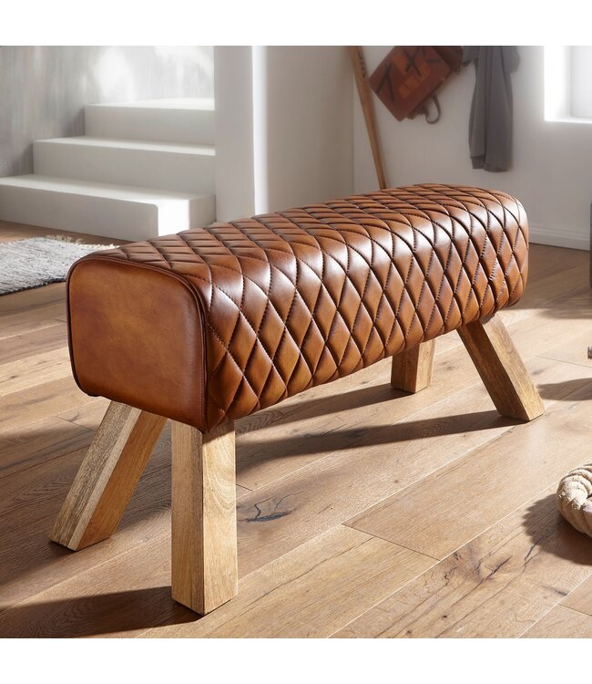 Wohnling bank echt leer / massief hout 89x46x35 cm leer Modern Turnbock | Springbok lederen kruk | Gewatteerde kruk gymnastiek bank
