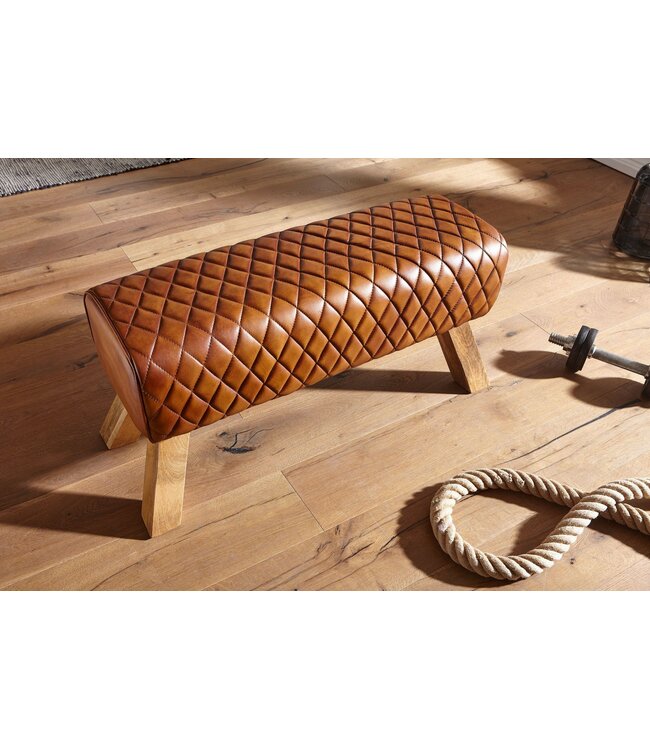 Wohnling bank echt leer / massief hout 89x46x35 cm leer Modern Turnbock | Springbok lederen kruk | Gewatteerde kruk gymnastiek bank