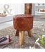 Wohnling kruk echt leer / massief hout 35x46x35 cm moderne voetenbank rond | Turnbock lederen kruk bruin | Kleine kruk Gestoffeerde houten kruk met lederen bekleding