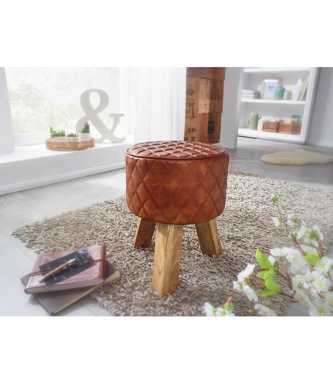 Wohnling kruk echt leer / massief hout 35x46x35 cm moderne voetenbank rond | Turnbock lederen kruk bruin | Kleine kruk Gestoffeerde houten kruk met lederen bekleding