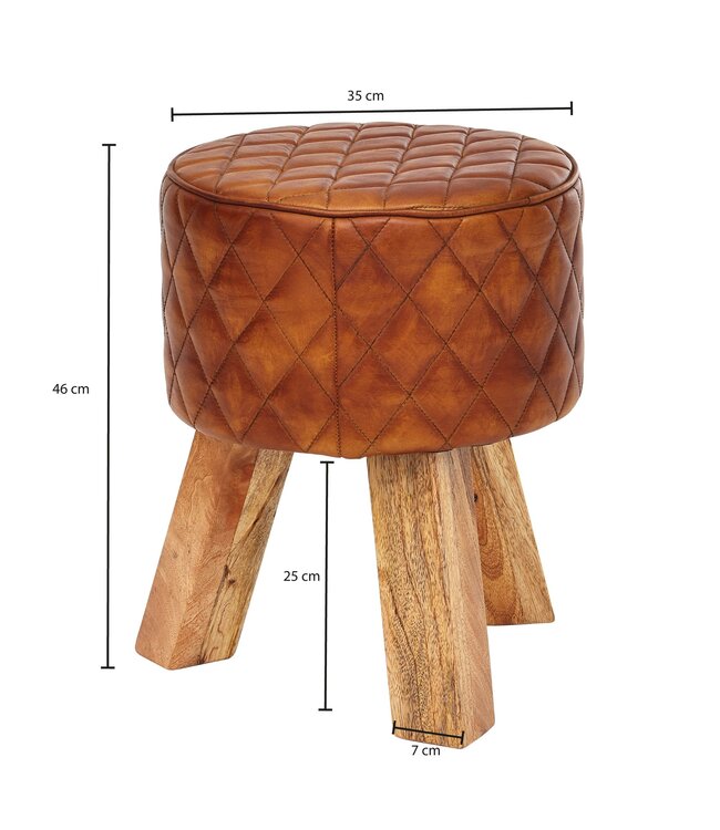 Wohnling kruk echt leer / massief hout 35x46x35 cm moderne voetenbank rond | Turnbock lederen kruk bruin | Kleine kruk Gestoffeerde houten kruk met lederen bekleding