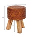 Wohnling kruk echt leer / massief hout 35x46x35 cm moderne voetenbank rond | Turnbock lederen kruk bruin | Kleine kruk Gestoffeerde houten kruk met lederen bekleding