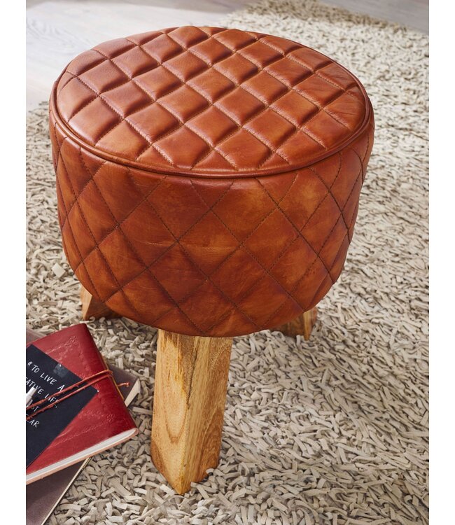 Wohnling kruk echt leer / massief hout 35x46x35 cm moderne voetenbank rond | Turnbock lederen kruk bruin | Kleine kruk Gestoffeerde houten kruk met lederen bekleding