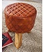 Wohnling kruk echt leer / massief hout 35x46x35 cm moderne voetenbank rond | Turnbock lederen kruk bruin | Kleine kruk Gestoffeerde houten kruk met lederen bekleding