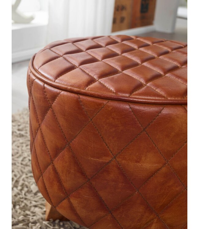 Wohnling kruk echt leer / massief hout 35x46x35 cm moderne voetenbank rond | Turnbock lederen kruk bruin | Kleine kruk Gestoffeerde houten kruk met lederen bekleding