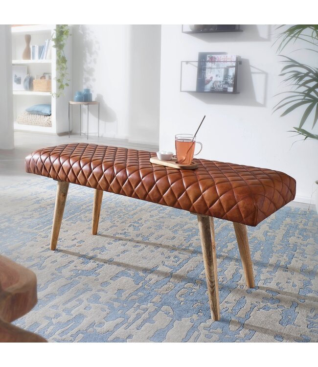 Wohnling bank echt leer / massief houten bank 115x53x38 cm | 2-zits gestoffeerde bankhal eetkamer bruin | Kleine lederen bedbank Halmeubels halbank
