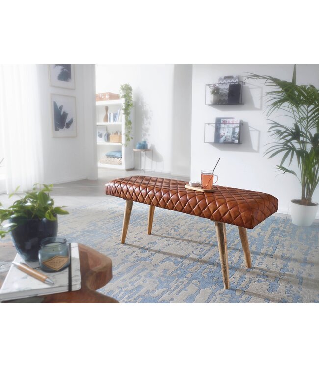 Wohnling bank echt leer / massief houten bank 115x53x38 cm | 2-zits gestoffeerde bankhal eetkamer bruin | Kleine lederen bedbank Halmeubels halbank